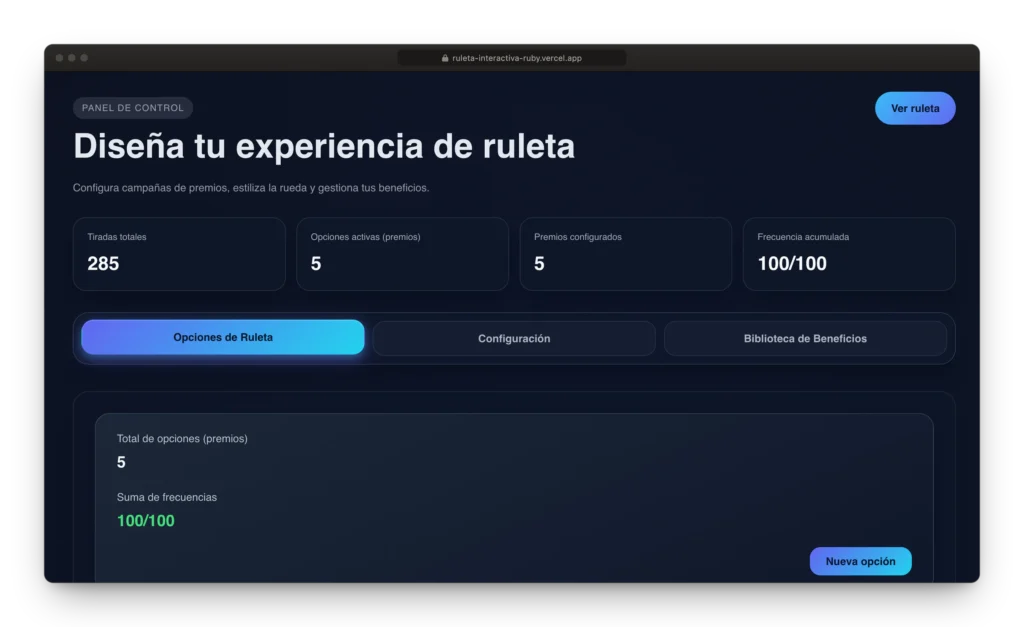 Ruleta personalizable y autogestionable